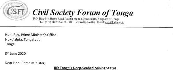 Letter by Civil Society Forum of Tonga to PM’s Office, June 2020.