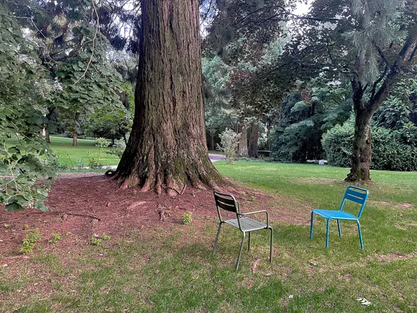 Two chairs facing each other at Tony Neuman Park, in Luxembourg.